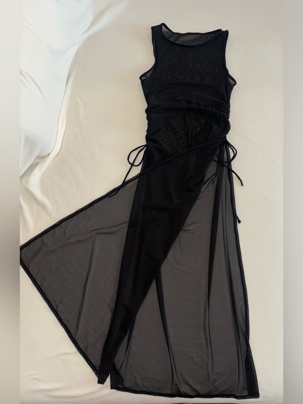 Black Sheer Mesh Ruched Side Tie Maxi Dress L Stretch Gothic Y2K